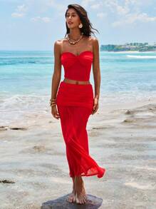 Opulessa 2pcs/Set Women Solid Ribbed Cropped Tank Top & Low-Waist Fishtail Skirt - Red - View 6