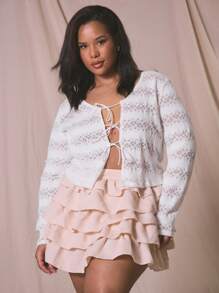 MUSERA Plus Size Lace Stripe Long Sleeve Tie V Neck Top, Holiday, Elegant Spring Summer - White - View 1
