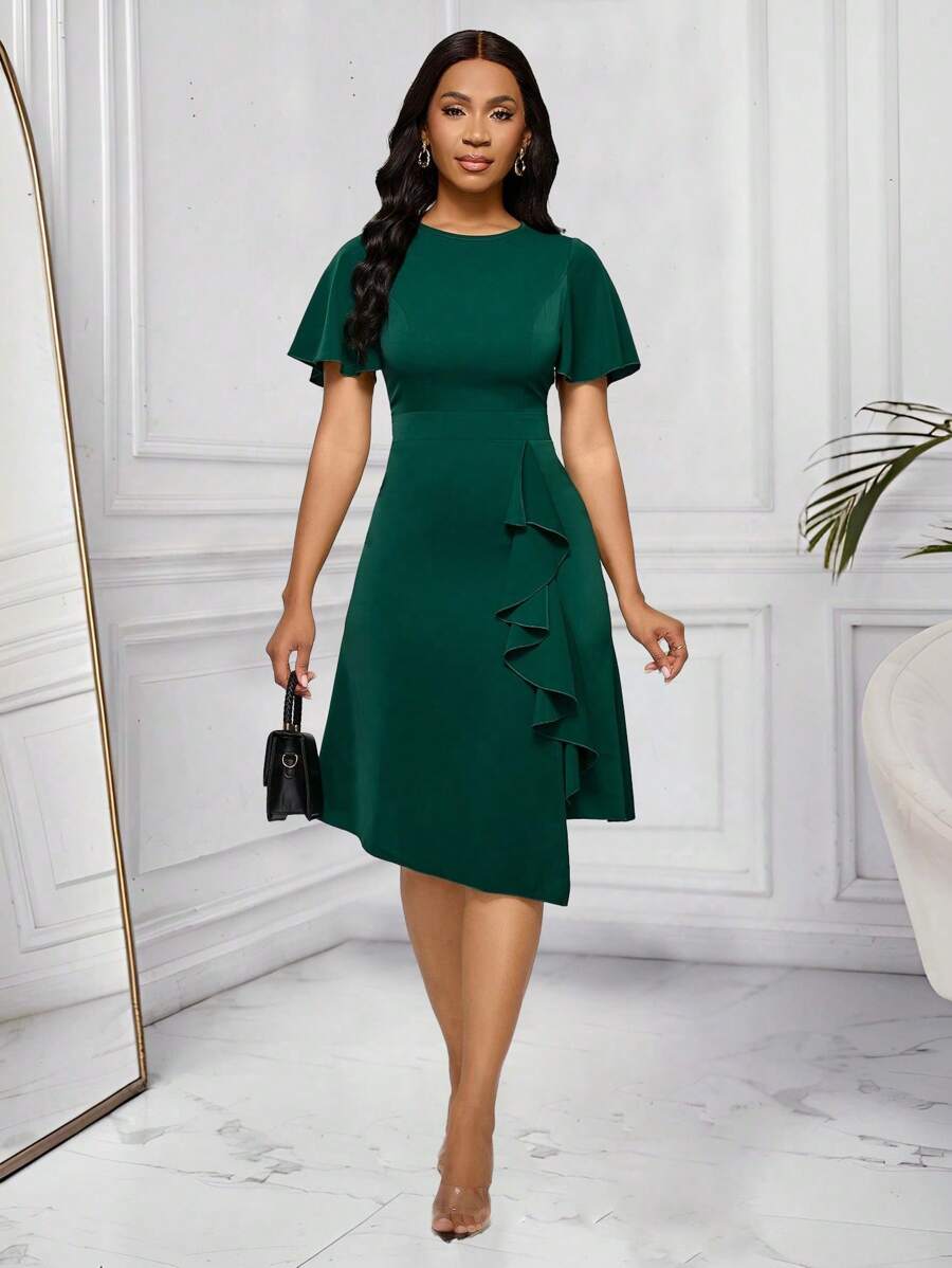 Lyxana 女式优雅圆领荷叶边下摆开衩中长连衣裙