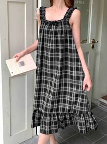 DAZY 格子荷叶边吊带睡袍，带蝴蝶结装饰，返校服睡衣 - 黑色 - 查看 4