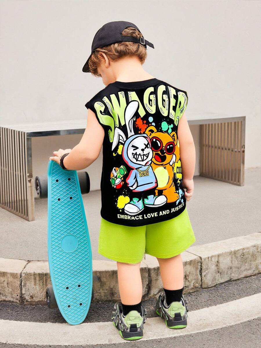 SHEIN 2pcs Baby Cartoon Animal Print Knit Soft Round Neck Drop Shoulder Pullover Top And Elastic Waist Shorts Set, Suitable For Sporty, Casual, Outdoor Wear For Spring/Summer