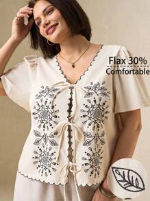 SHEIN Clasi Women Plus Size Apricot Embroidery Bow Front Open Blouse, Elegant Daily Comfortable Short Sleeve Top, Spring/Summer Plus Size Women Casual Tops Business Casual Woman Tops Office Tops For Women Vacation Tops Boho Tops For Summer Going Out Top V Neck Top Women Tops Summer