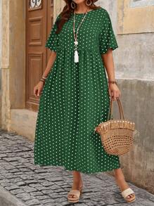 EMERY ROSE Plus Size Tie Front Short Sleeve Round Neck Dress, Minimalist And Fashionable For Summer - Dark Green - View 1