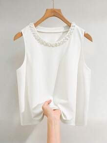 INAWLY 女士纯色仿珍珠装饰无袖圆领吊带背心 - 白色 - 查看 3