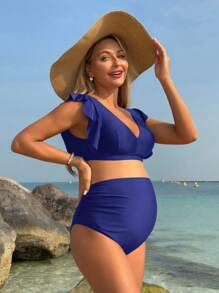 SHEIN Maternity Solid Color Cap Sleeve Swimsuit With High Waist Triangle Swimwear Set For Summer Beach Vacation - Navy Blue - View 4