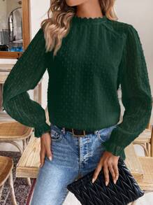 SHEIN Frenchy Blusa con aplicación de encaje y manga con volante de lunares