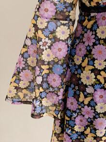 Soleia 大码女式休闲秋冬网眼面料黑色底色多色花卉印花蕾丝边蝴蝶结喇叭袖迷你连衣裙 - 黑色 - 查看 8