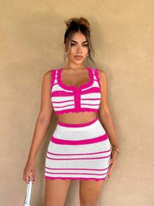 Zolique Striped Tank Top & Colorblock Boho Style Knit Skirt Set For Women - Hot Pink - View 3