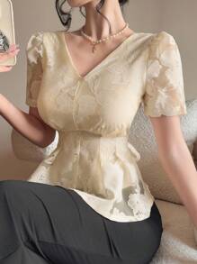 DAZY Blusa elegante de mujer con cuello en V de encaje y mangas abombadas