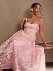 SHEIN Unity Spring, Summer, Festival, Valentine's, Elegant Party French Romantic Style Spaghetti Strap A-Line Midi Dress For Women - Pink - View 4