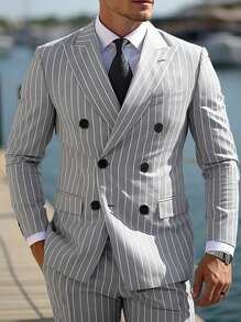 Manfinity Mode 男士 2 件套条纹双排扣西装外套和长裤套装