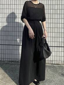 FRIFUL 女士网纱拼接圆领宽松优雅长袖衬衫 - 黑色 - 查看 5