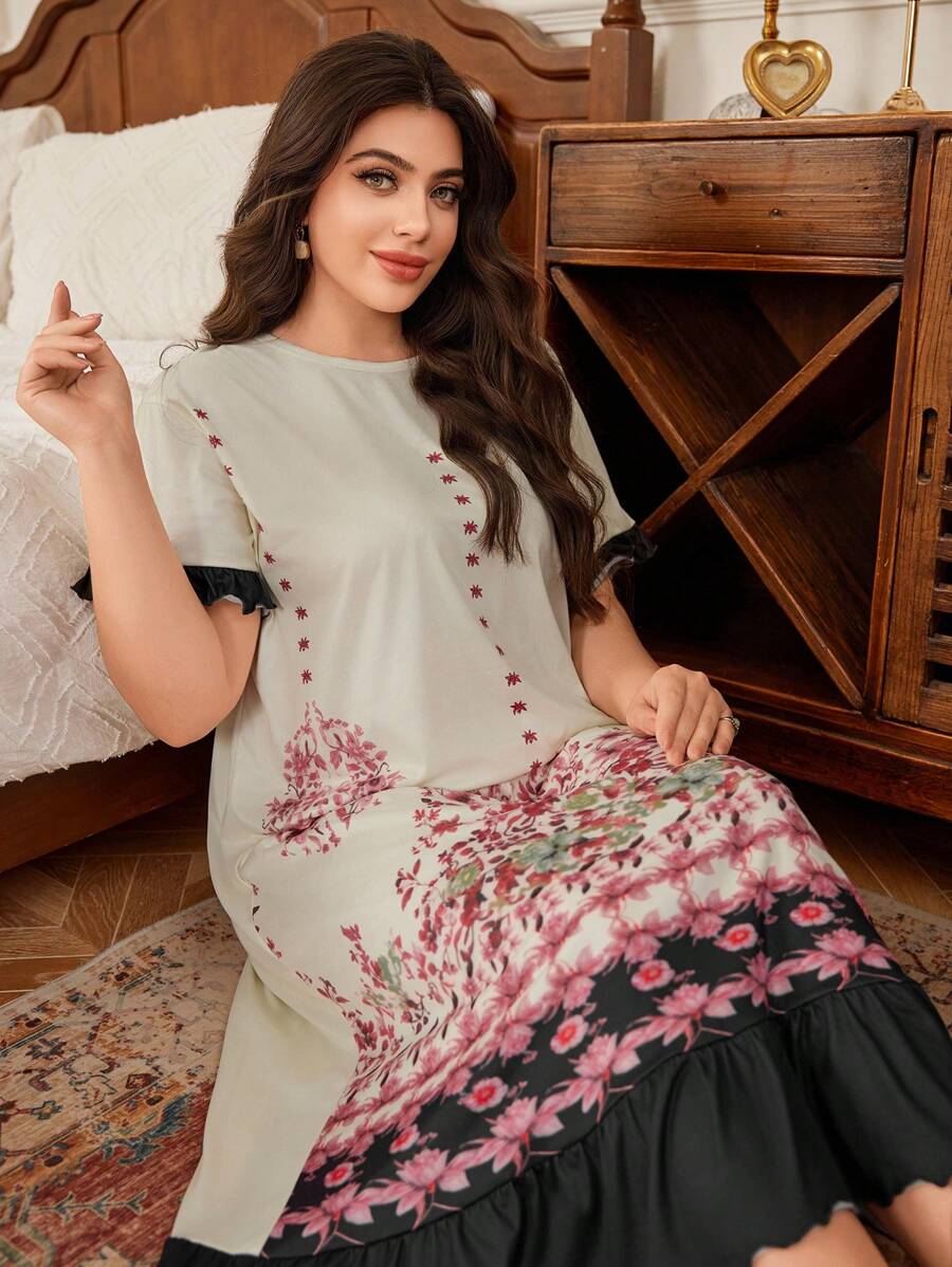 大码玫瑰花朵撞色荷叶边下摆睡袍 - 彩色 - 查看 1