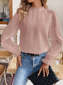 SHEIN Frenchy Swiss Dot Flounce Sleeve Lace Patchwork Fabric Patched Blouse - Pink - View 6