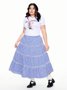 ROMWE Kawaii Conjunto de vacaciones para mujer con falda A-line plisada y con volantes, cinta a cuadros, talla grande