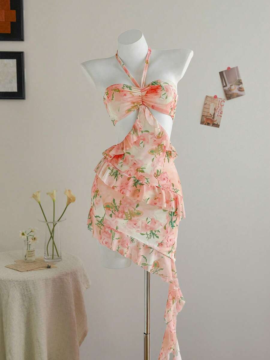 SHEIN Unity Ditsy Floral Halter Neck Hollow Asymmetric Ruffle Hem Sexy Mini Dress - Multicolor - View 1