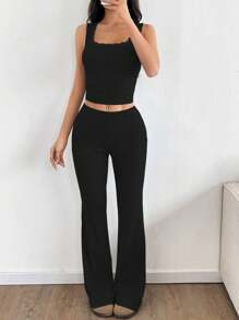 Flirla 深灰色罗纹针织短款背心，搭配花卉蕾丝花边和低腰复古喇叭裤，优雅舒适的女士休闲两件套，适合春秋季 - 黑色 - 查看 3