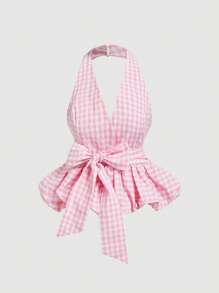 SHEIN MOD Pink And White Plaid V-Neck Halter Neck Bubble Hem Women's Top With Oversized Bow, Date Top, Picnic Top, Brunch Top, Party Wear,New Years Women,Y2k,Tube Top,Valentine Day,Goth,Club Women,Off The Shoulder Top,Wedding Guest Top Women,Cute Tops,Crop Tops Women,Rave Top