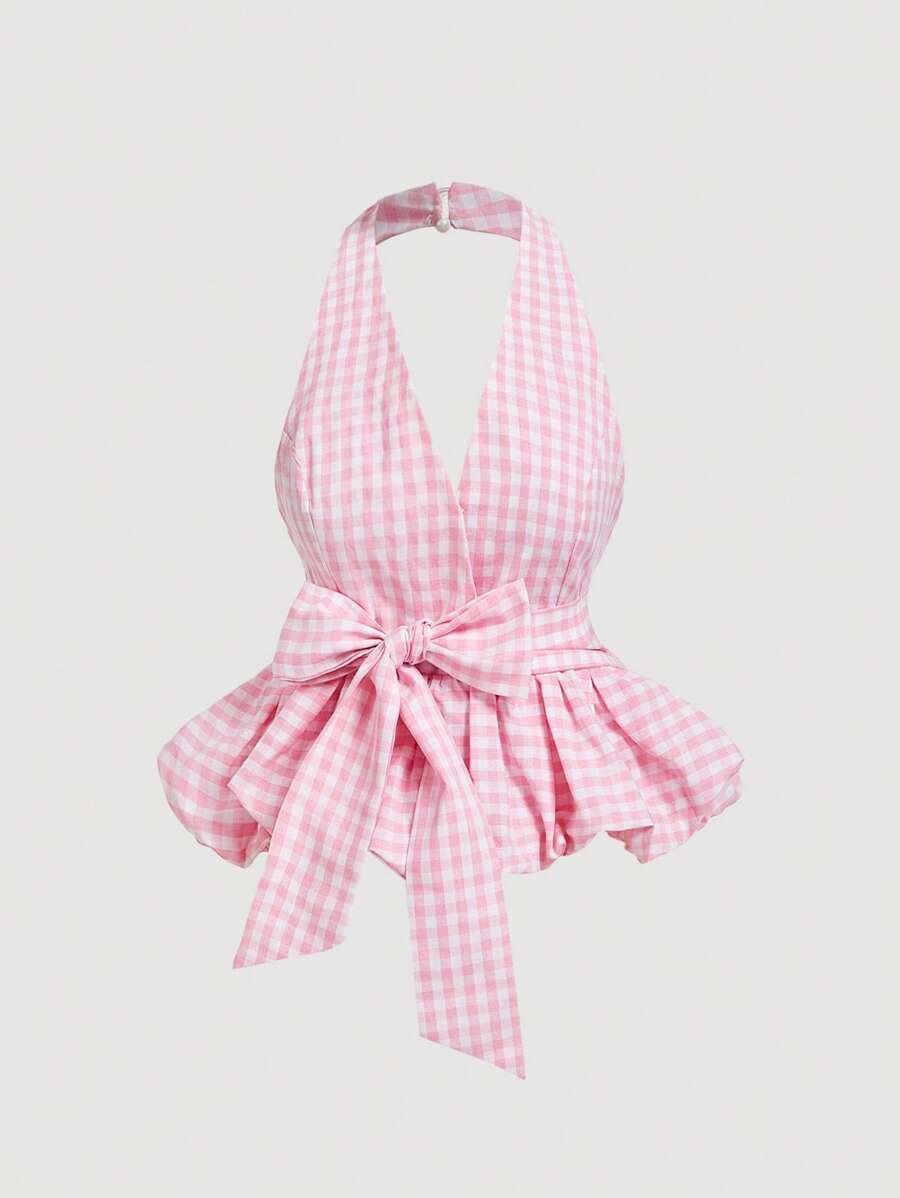 SHEIN MOD Pink And White Plaid V-Neck Halter Neck Bubble Hem Women's Top With Oversized Bow, Date Top, Picnic Top, Brunch Top, Party Wear,New Years Women,Y2k,Tube Top,Valentine Day,Goth,Club Women,Off The Shoulder Top,Wedding Guest Top Women,Cute Tops,Crop Tops Women,Rave Top