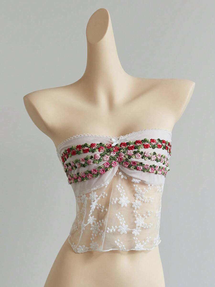 SHEIN Unity 女士花卉刺绣网眼拼布抹胸上衣