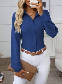 EMERY ROSE Kemeja Kantor Kasual Wanita Lengan Panjang Kancing Tunggal Warna Polos, Pakaian Musim Gugur untuk Wanita - Royal Blue - View 5