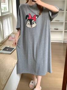 DAZY Cute Cartoon Pattern Printed Loose Nightgown Pajama - Grey - View 1