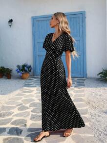 Vivid Eden Wave Pattern V-Neck Short Sleeve Fitted Women's DressSpring And Summer Outfits, Summer Clothes, Valentine Day, Vacation Outfits Woman, Beach Outfits For Woman, Festival, Romantic And Elegant Clothing, Bohemian, BOHO, Sweet, Rave Outfits Festival, Tropical Vacation Woman Clothes, Carnaval,Summer Dresses For Women,Polka Dot Dress