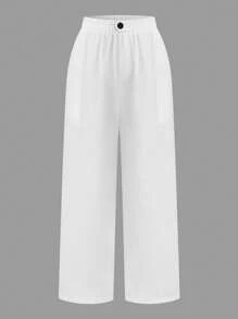 SHEIN PETITE Pantalones casuales holgados de talla grande para mujer con primavera/verano, color blanco con botones decorativos negros, cintura elástica y bolsillos reales. Versátiles y cómodos para el transporte, salidas y uso diario
