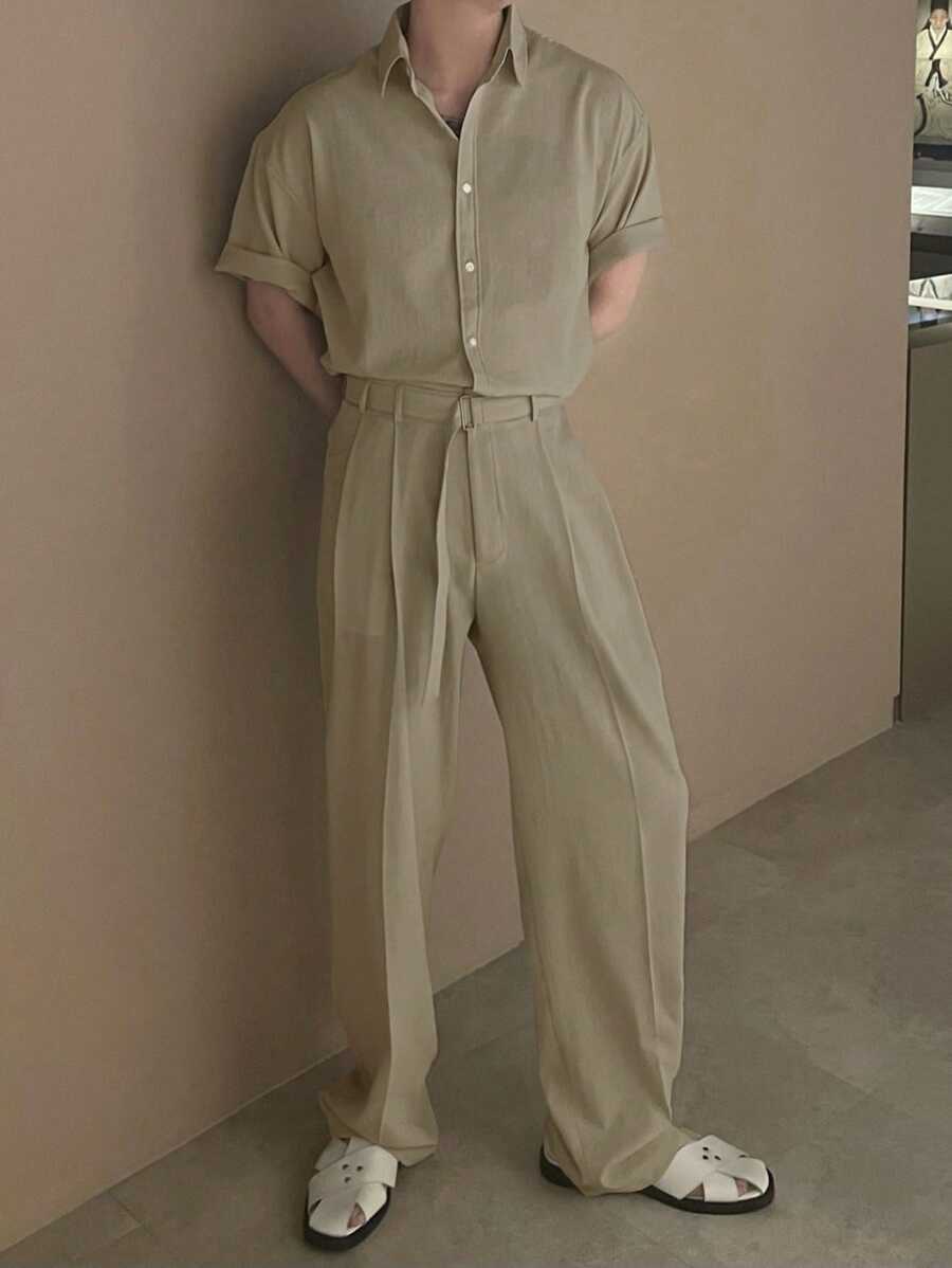 DAZY Set de 2 piezas camisa de manga corta lisa y pantalón recto de traje para hombre