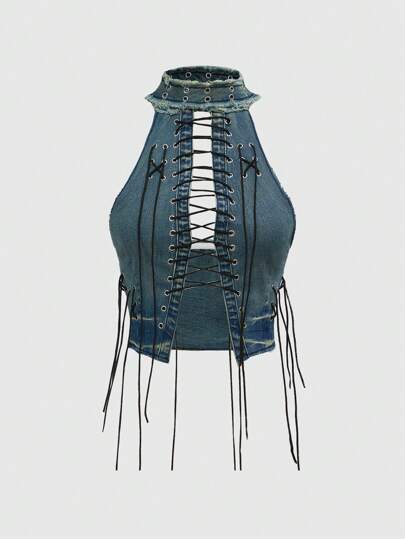 Grunge Punk Y2K Punk Rock Music Festival, Front Tie-Up Design Denim Sleeveless Stand Collar Top
