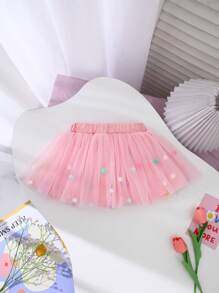 SHEIN Baby Girl Spring&Summer Cure,Casual Style Small Pompons Decoration Wesh Short Skirt - Pink - View 1