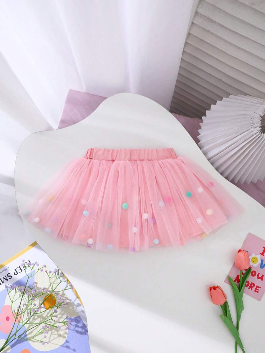 SHEIN Baby Girl Spring&Summer Cure,Casual Style Small Pompons Decoration Wesh Short Skirt - Pink - View 1