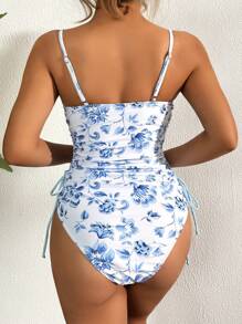 SHEIN Swim 女式时尚花卉印花系带连体泳衣，夏季 - 彩色 - 查看 2