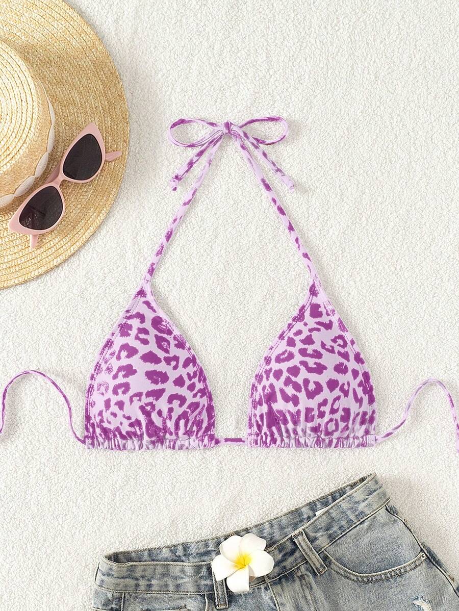 Swim Mod 1pc Women Leopard Print Halter Neck Bikini Top, Fashionable For Summer - Purple - View 1