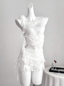 Comfortcana Women's Fashion 3D Floral Decorated Lace Cami Top And Ruffle Hem Skirt Set - White - View 1