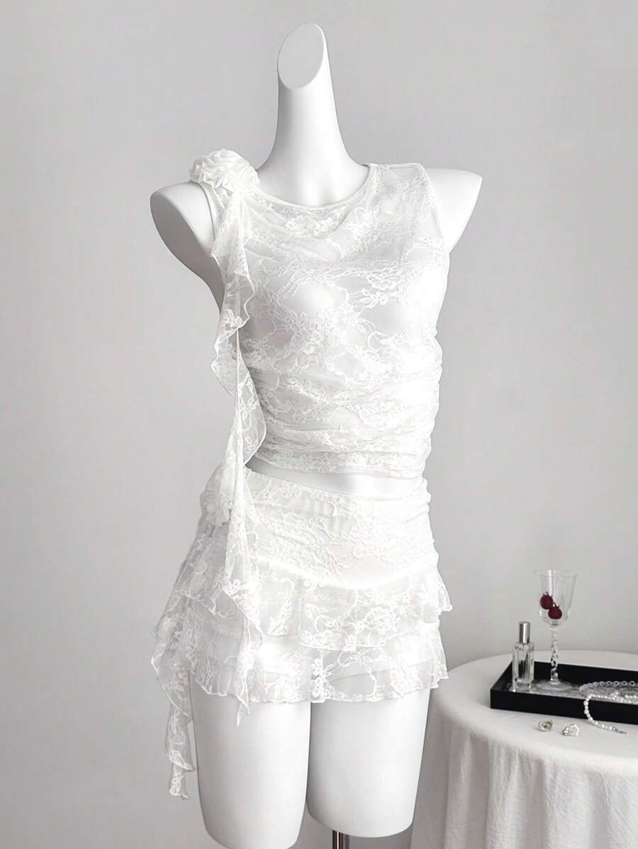 Comfortcana Women's Fashion 3D Floral Decorated Lace Cami Top And Ruffle Hem Skirt Set - White - View 1