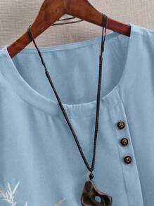 EMERY ROSE Women's Bamboo Leaf Print Casual Comfortable Blouse