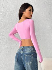 SHEIN EZwear Women Casual Solid Color Ruched Cropped Top Hot Pink - Pink - View 2