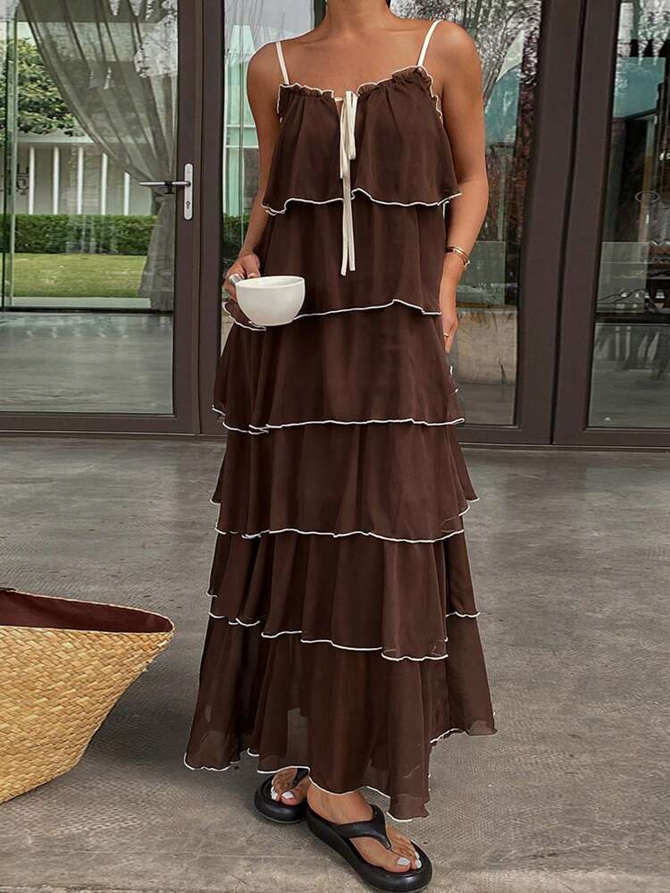 Women's Holiday Casual Beach Colorblock Ruffle Hem A-Line Midi Dress With Drawstring Waist Sundress