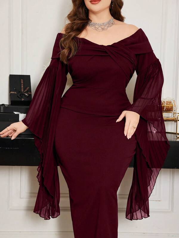 Modelyn Plus Size Women's Off Shoulder Patchwork Pleated Waist Slim Fit Slit Bodycon Dress