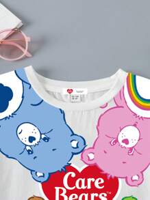 SHEIN X Care Bears Young Girl All-Over Print White Round Neck T-Shirt, Comfortable Casual Cute Bear Cartoon Design, Summer
