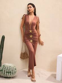 BY FELIZIA Brown Solid Ruched Shoulder Deep V Neck Sleeveless Backless Sexy Seafish Drapes Maxi Dress Summer Dress Vacation Sundress For Women - Brown - View 1