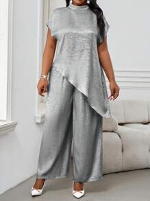 SHEIN Lady Two Pieces Women's Suit Summer Two Pieces Casual And Elegant Women's White Woven Stand-Up Collar Elegant Layered Women's Suit Fashionable Women's Two Pieces Suit Women's Casual Plus Size Matching Summer Tops Lounge Sets For Women Spring Outfits For Women - Light Grey - View 6