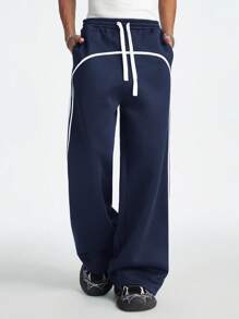 AXEPEAK Men's Loose Knit Waistband Patchwork Drawstring Straight Leg Sweatpants - Navy Blue - View 5