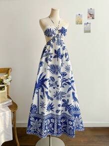 Soleia Women's Vacation Blue Palm Tree Parrot Tropical Print Long Tie-Neck Dress, Blue & White,Summer Dresses For Women - Blue and White - View 6