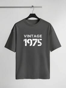 RivetRise Men's Grey Knit Dropped Shoulder Short Sleeve 1975 Graphic T-Shirt - Grey - View 3