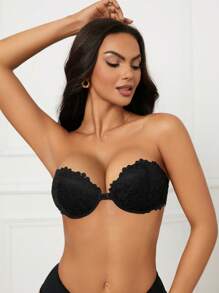 1pc Lace Strapless Front Closure Half Cup Bra, Lift And Support Small Bust, With Underwire, Removable Straps Included, Multi-Wear Way Lingerie - Black - View 6