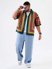 EASEVO Plus Size Men's Loose Casual Colorful Short Sleeve Knitted Cardigan Sweater, For Fall Winter