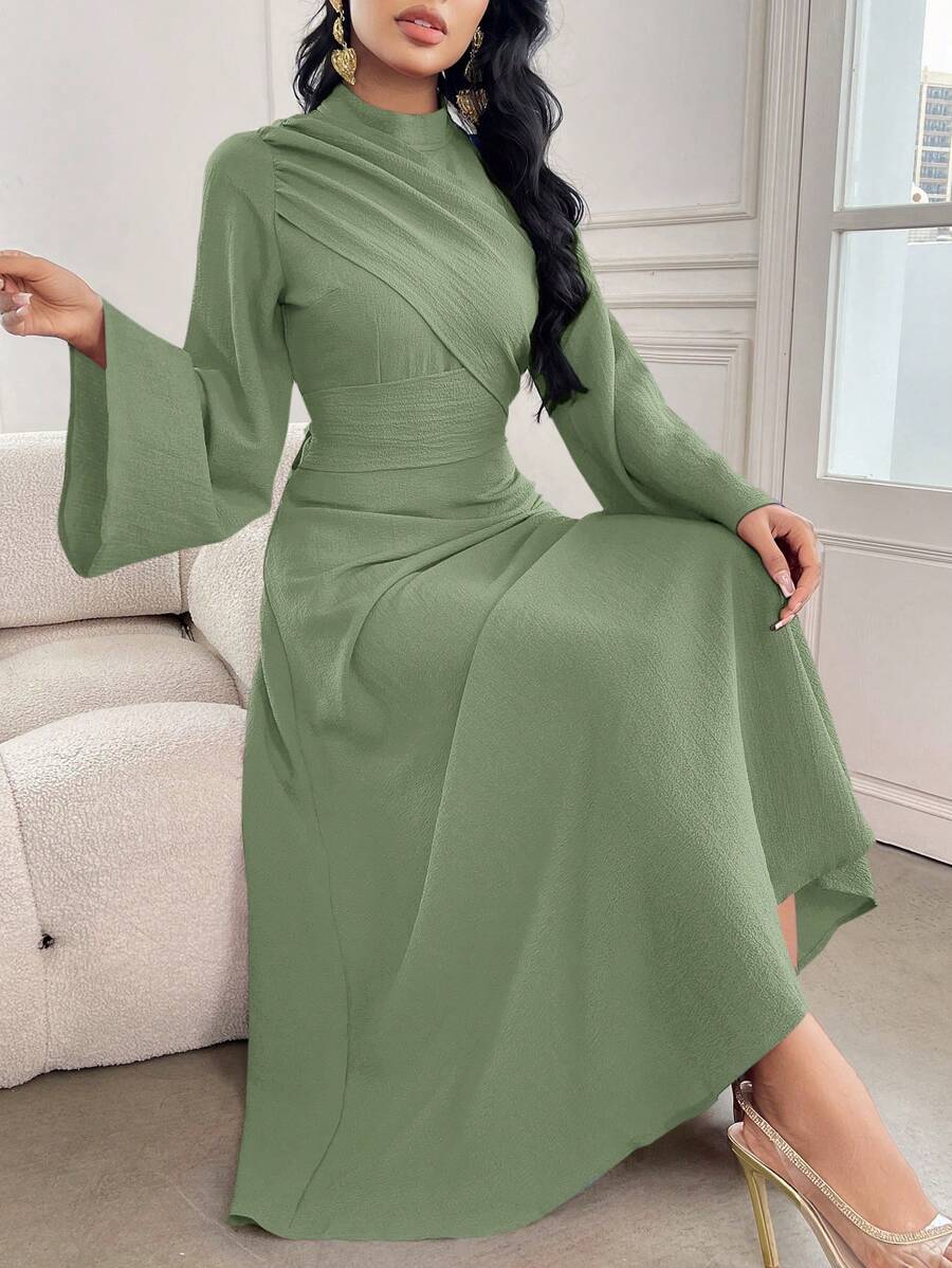 Modelyn 女士纯色立领长袖褶皱长款休闲连衣裙长款晚礼服 - 薄荷綠 - 查看 1