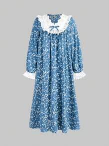 SHEIN Teen Girl Casual Ditsy Floral V-Neck Ruffled Long Sleeve Loose Loungewear Nightgown, High School & College Girls Ditsy Floral Long Sleeve Vacation Dress,Kids - Baby Blue - View 5